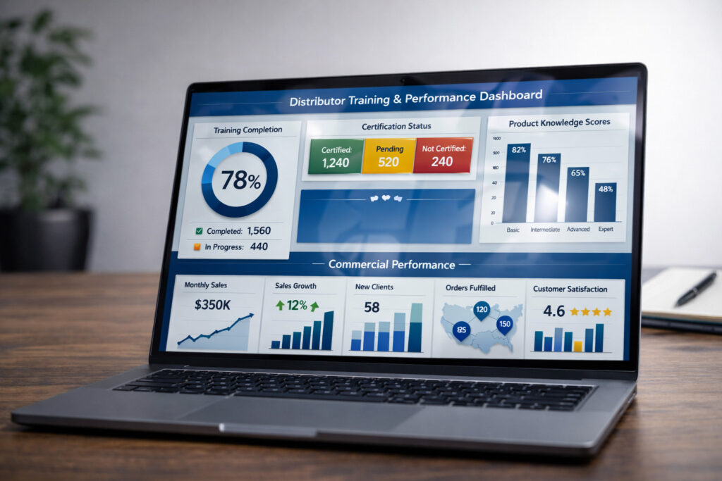 Distributor training dashboard with learning and channel performance metrics