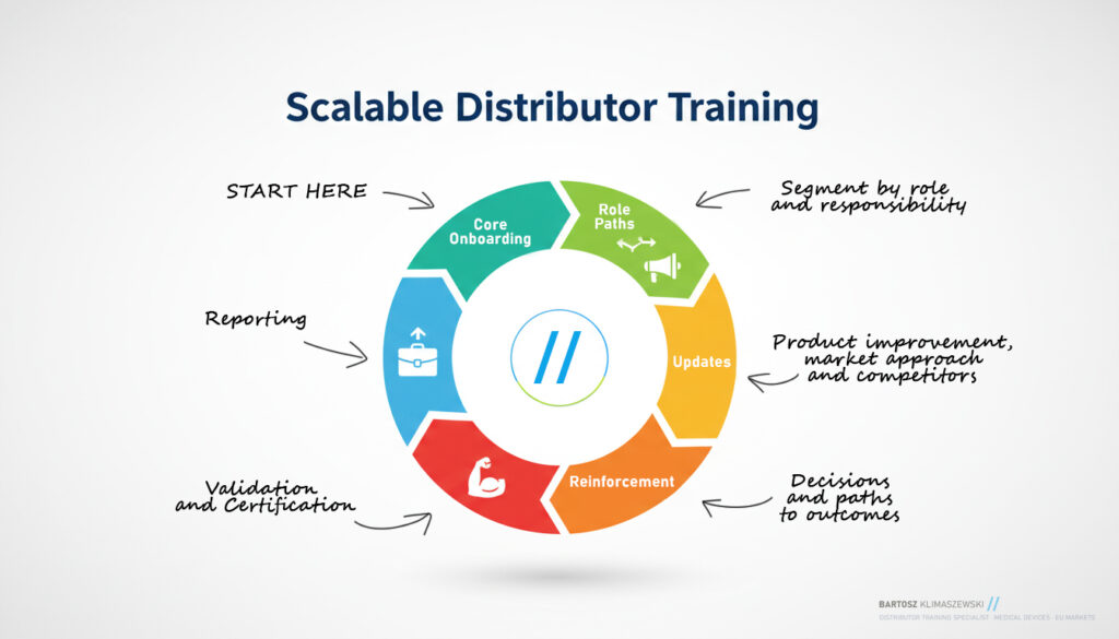 Distributor onboarding program structure with role-based learning and reinforcement